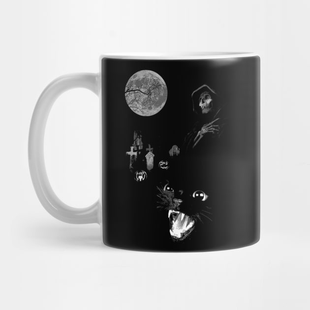 Spooky Moon Halloween Cemetery with Black Cat, Tombstones and Grim Reaper by Occult Designs